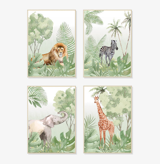 Conjunto com 4 Quadros Animais Safari Verde Moldura Filete Pinus