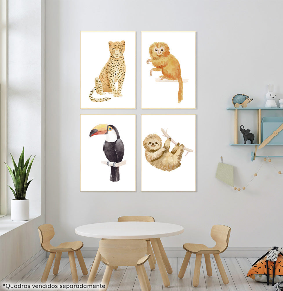 Conjunto com 4 Quadros Preguiça, Tucano, Mico e Onça Moldura Filete Pinus