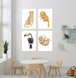 Conjunto com 4 Quadros Preguiça, Tucano, Mico e Onça Moldura Filete Pinus