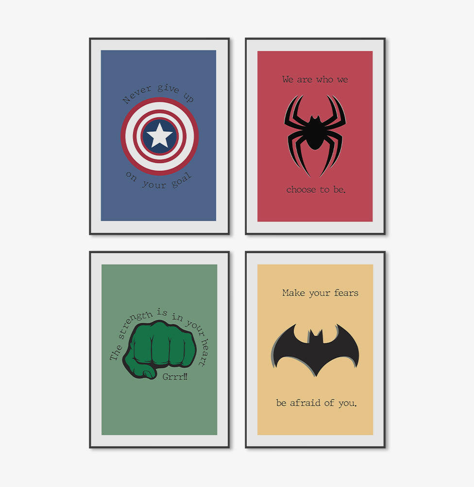 Conjunto com 4 Quadros Heróis Moldura Filete Preta