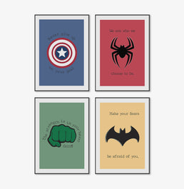 Conjunto com 4 Quadros Heróis Moldura Filete Preta