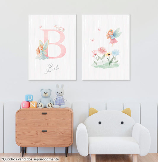 Conjunto com 2 quadros inicial fada com nome candy moldura filete branca - personalizada