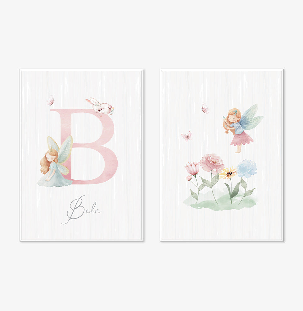 Conjunto com 2 quadros inicial fada com nome candy moldura filete branca - personalizada