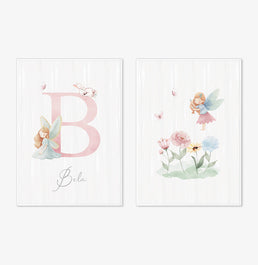 Conjunto com 2 quadros inicial fada com nome candy moldura filete branca - personalizada