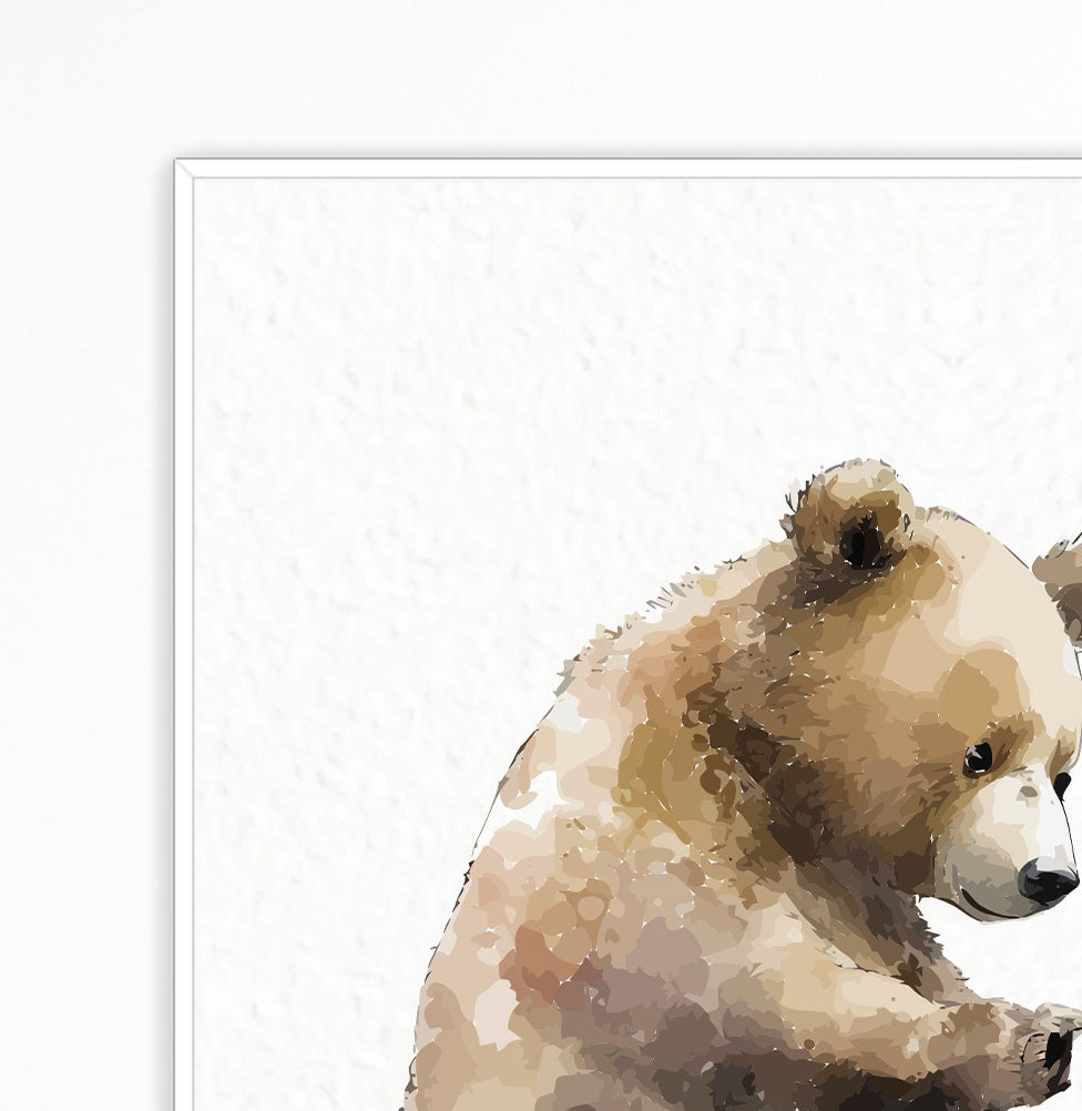 Conjunto com 2 Quadros Inicial com Esquilo e Urso Bege Moldura Filete Branca - Personalizada