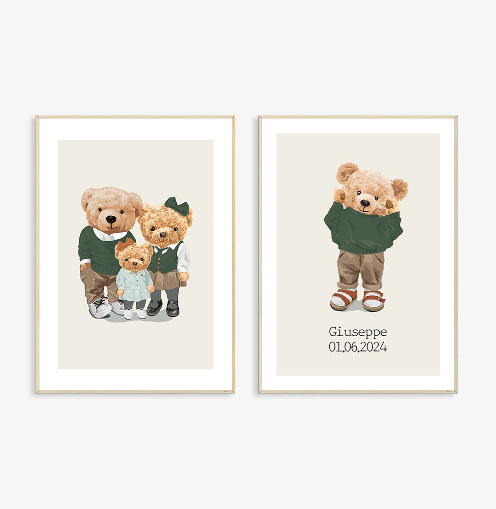 Conjunto com 2 Quadros Família Urso Menino com Nome Verde Moldura Filete Pinus - Personalizada
