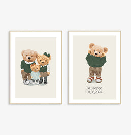 Conjunto com 2 Quadros Família Urso Menino com Nome Verde Moldura Filete Pinus - Personalizada