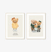 Conjunto com 2 Quadros Família Urso Menina com Nome Verde Moldura Filete Pinus - Personalizada