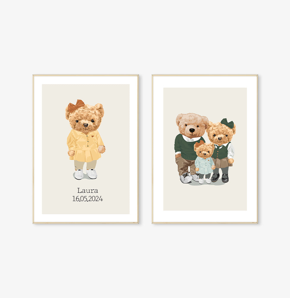 Conjunto com 2 Quadros Família Urso Menina com Nome Verde Moldura Filete Pinus - Personalizada
