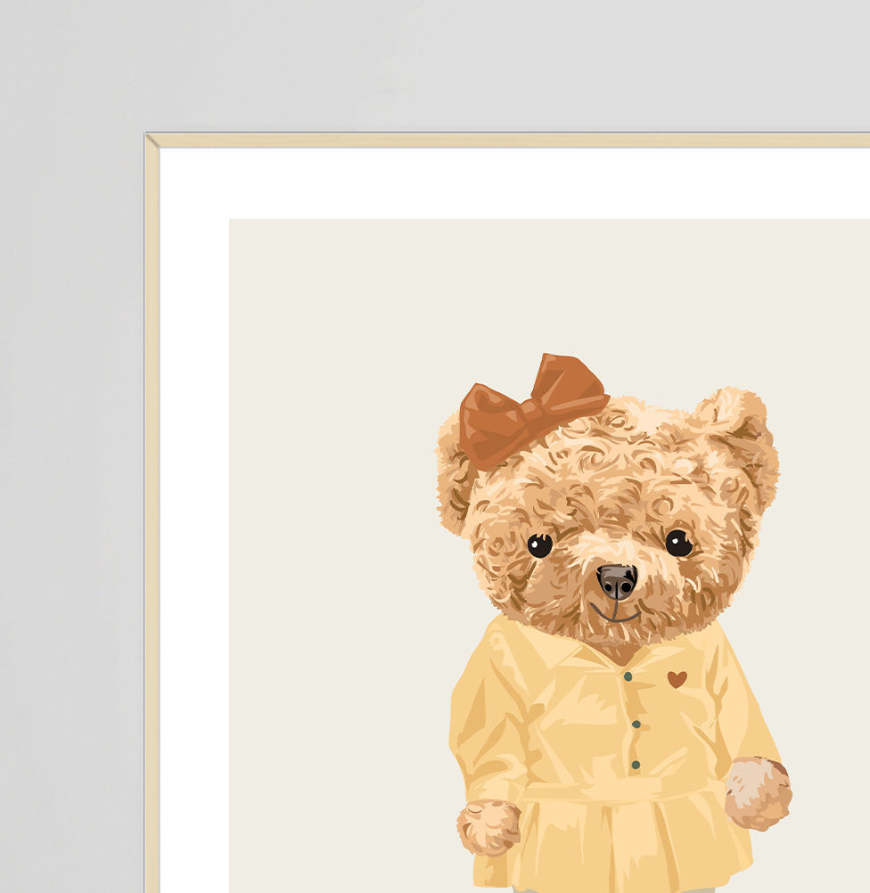 Conjunto com 2 Quadros Família Urso Menina com Nome Verde Moldura Filete Pinus - Personalizada