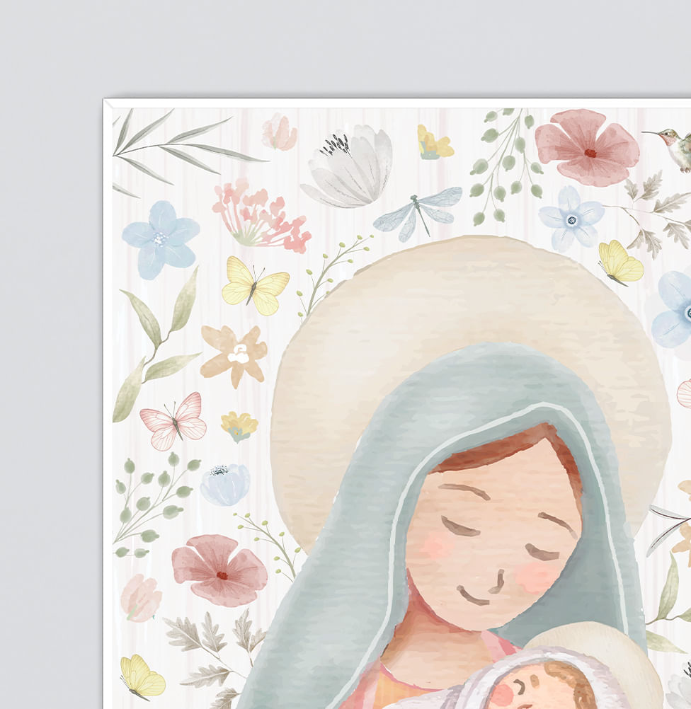 Conjunto com 3 Quadros Nossa Senhora Outono Candy com Inicial Personalizada Moldura Filete Branca - Vertical 