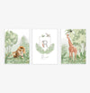 Conjunto com 3 Quadros Animais Safari com Inicial Verde Moldura Filete Pinus - Personalizada