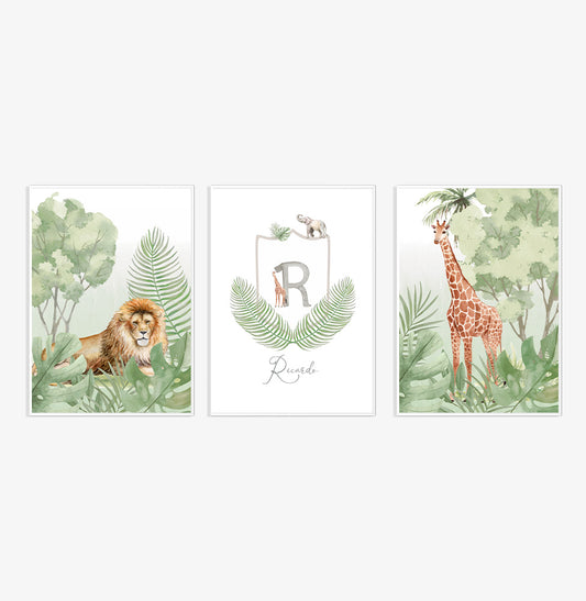 Conjunto com 3 Quadros Animais Safari com Inicial Verde Moldura Filete Pinus - Personalizada