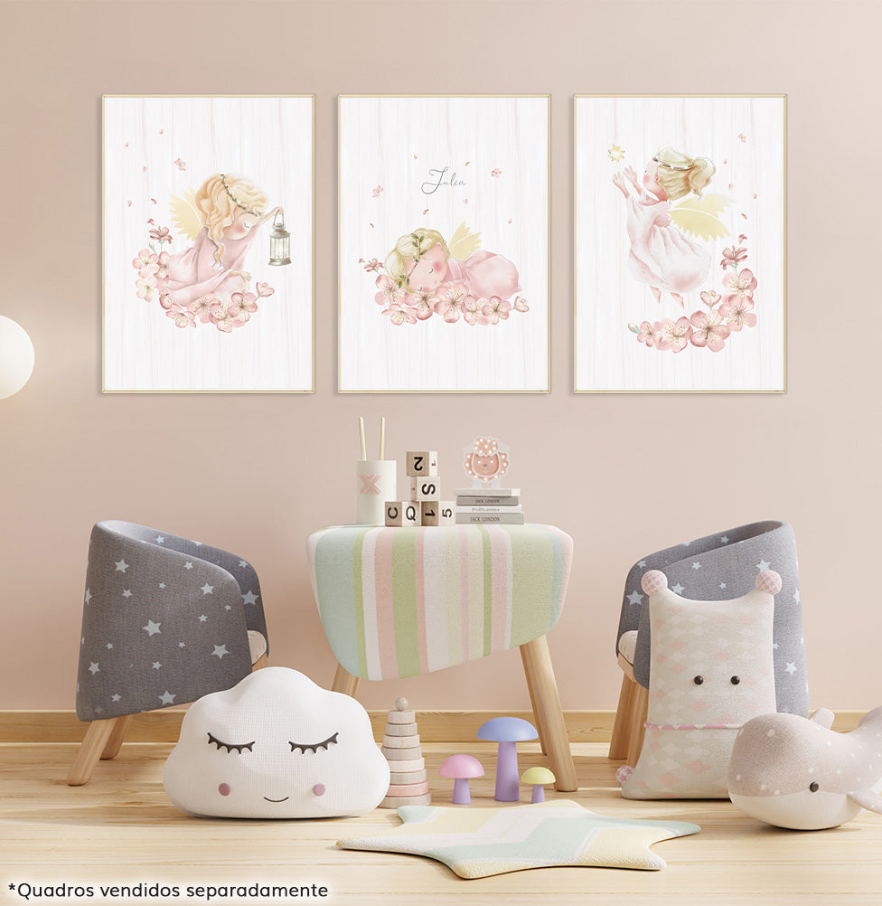Conjunto com 3 Quadros Anjinhas com Nome Moldura Filete Pinus - Personalizada