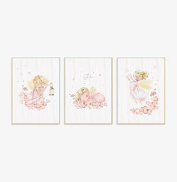 Conjunto com 3 Quadros Anjinhas com Nome Moldura Filete Pinus - Personalizada
