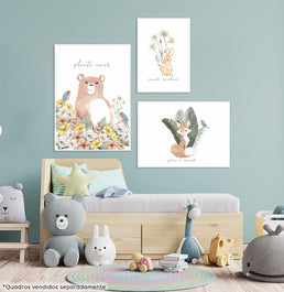 Conjunto com 3 Quadros Animais Plante Amor Moldura Filete Branca