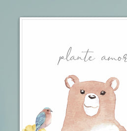 Conjunto com 3 Quadros Animais Plante Amor Moldura Filete Branca