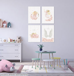 Conjunto com 4 Quadros Anjinhas e Asas com Nome Moldura Filete Branca - Personalizada