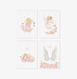 Conjunto com 4 Quadros Anjinhas e Asas com Nome Moldura Filete Branca - Personalizada