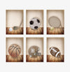 Conjunto com 6 Quadros Esportes Aquarela Bege Moldura Filete Pinus
