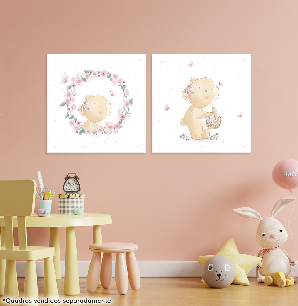 Conjunto com 2 Quadros Ursas Rosa Moldura Filete Branca