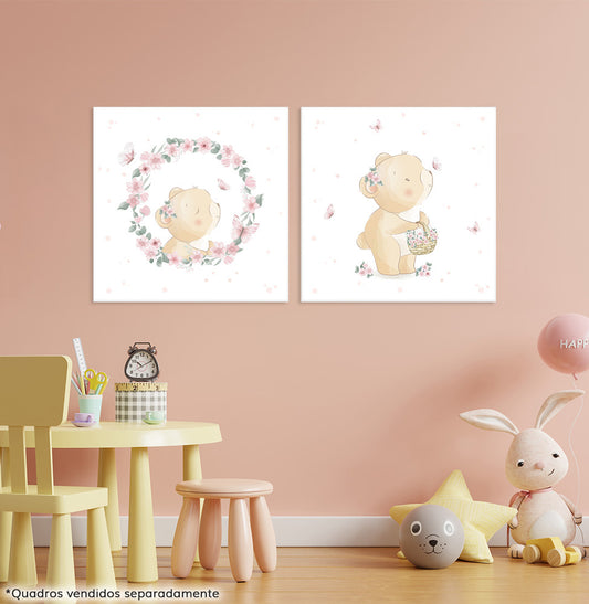 Conjunto com 2 Quadros Ursas Rosa Moldura Filete Branca