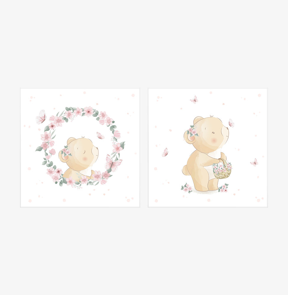Conjunto com 2 Quadros Ursas Rosa Moldura Filete Branca