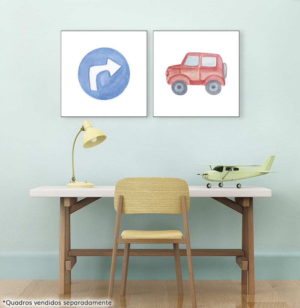 Conjunto com 2 Quadros Placa de Trânsito e Carro Moldura Filete Preta