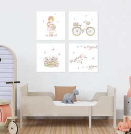 Conjunto com 4 Quadros Menina e Jardim com Flores e Pássaros Rosa Moldura Filete Branca - Quadrado
