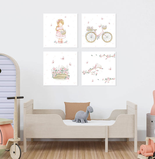 Conjunto com 4 Quadros Menina e Jardim com Flores e Pássaros Rosa Moldura Filete Branca - Quadrado