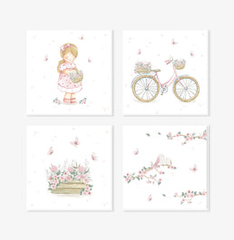 Conjunto com 4 Quadros Menina e Jardim com Flores e Pássaros Rosa Moldura Filete Branca - Quadrado