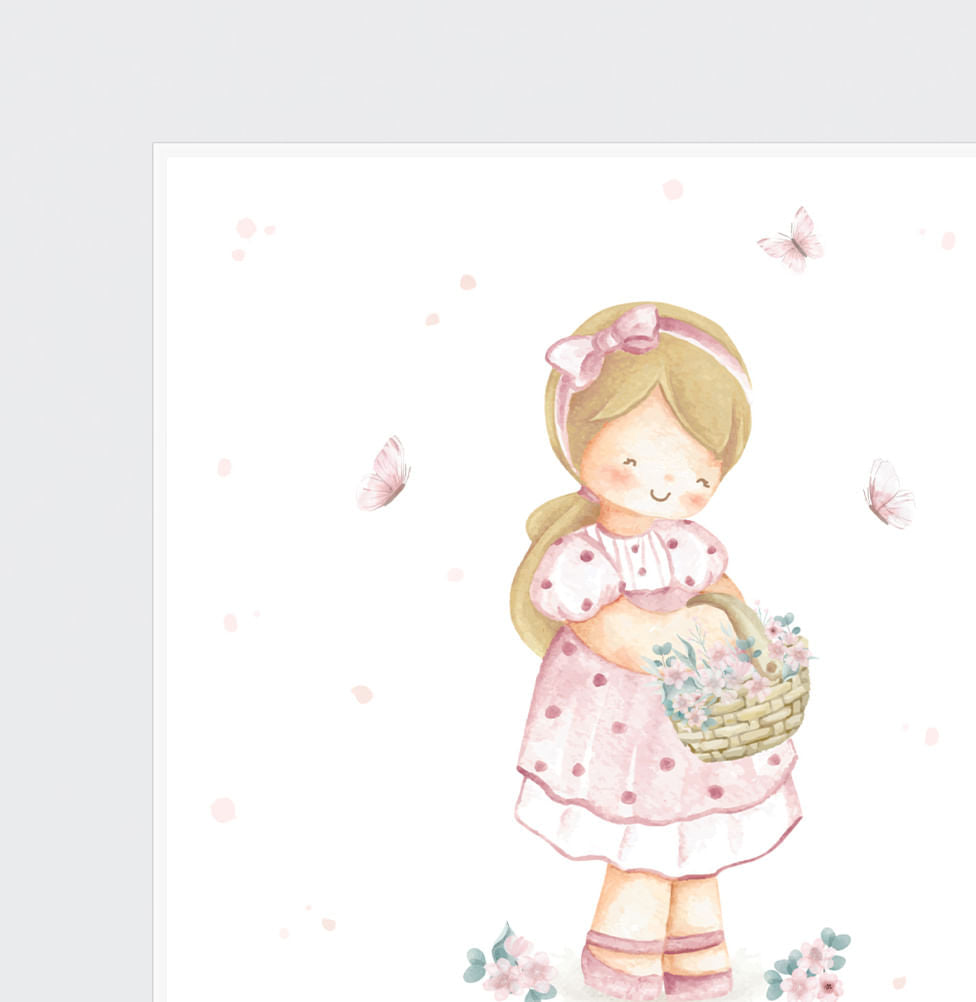 Conjunto com 4 Quadros Menina e Jardim com Flores e Pássaros Rosa Moldura Filete Branca - Quadrado