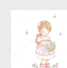 Conjunto com 4 Quadros Menina e Jardim com Flores e Pássaros Rosa Moldura Filete Branca - Quadrado