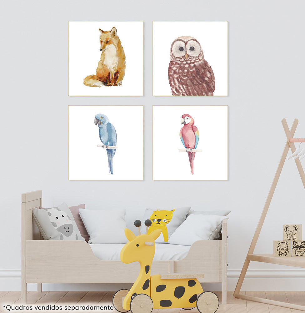 Conjunto com 4 Quadros Pássaros e Raposa Moldura Filete Pinus
