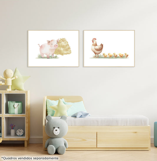 Conjunto com 2 Quadros Fazenda Porco e Galinhas Moldura Filete Pinus