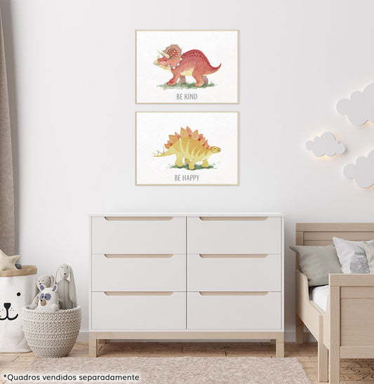 Conjunto com 2 Quadros Triceratops e Stegosaurus Moldura Filete Pinus