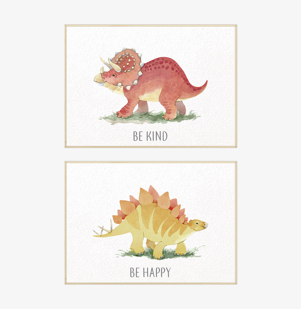 Conjunto com 2 Quadros Triceratops e Stegosaurus Moldura Filete Pinus