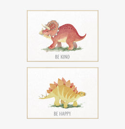 Conjunto com 2 Quadros Triceratops e Stegosaurus Moldura Filete Pinus