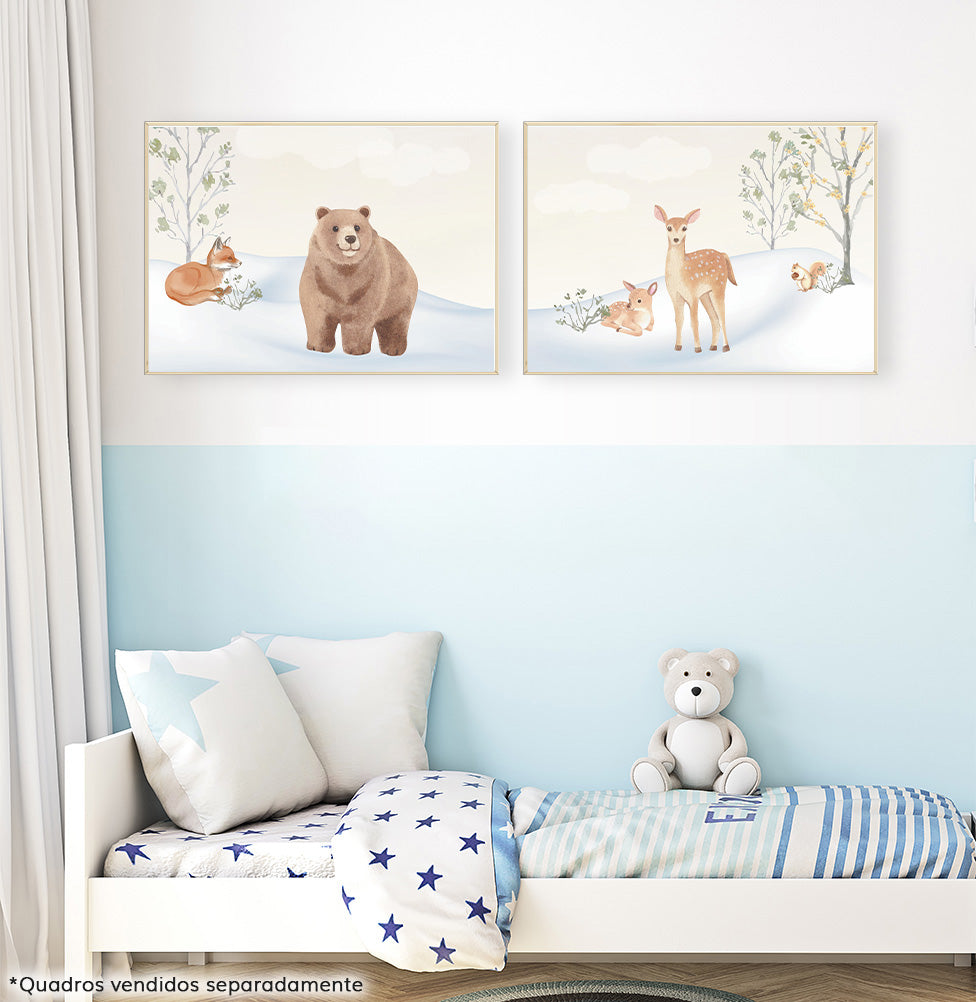 Conjunto com 2 Quadros Bichos na Neve Moldura Filete Pinus