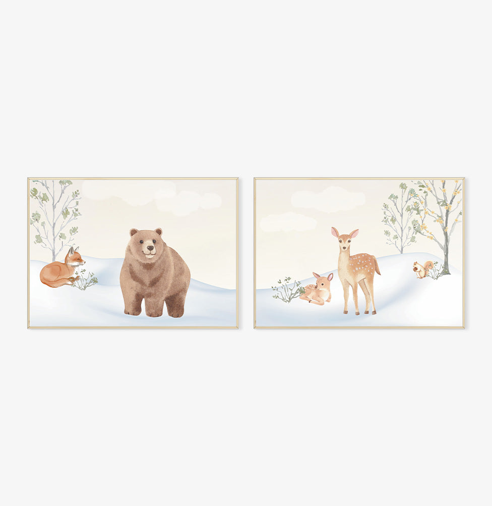 Conjunto com 2 Quadros Bichos na Neve Moldura Filete Pinus