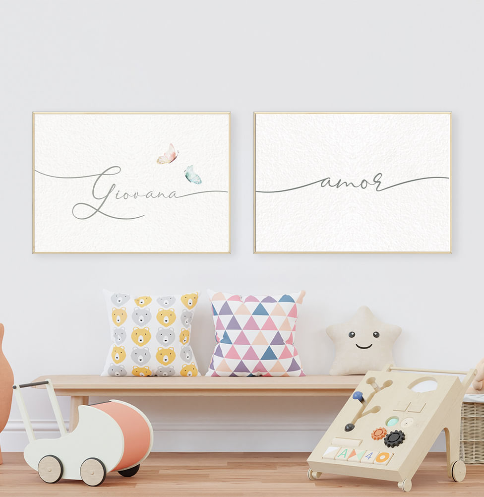 Conjunto com 2 Quadros Amor e Nome Personalizado com Borboletas Candy Moldura Filete Pinus - Horizontal