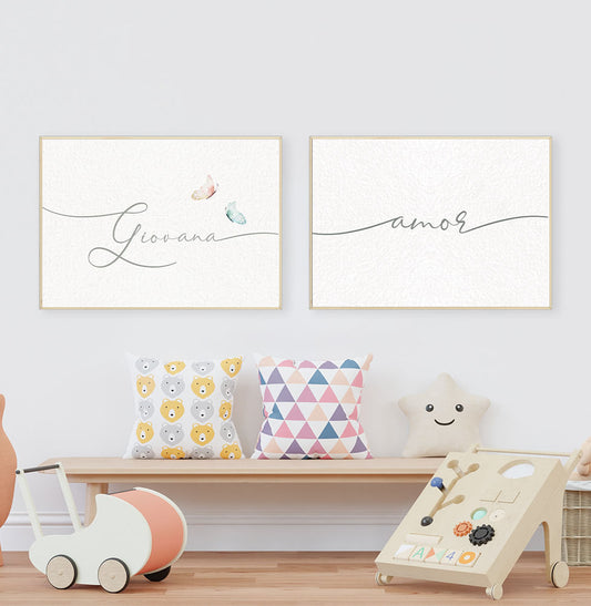 Conjunto com 2 Quadros Amor e Nome Personalizado com Borboletas Candy Moldura Filete Pinus - Horizontal