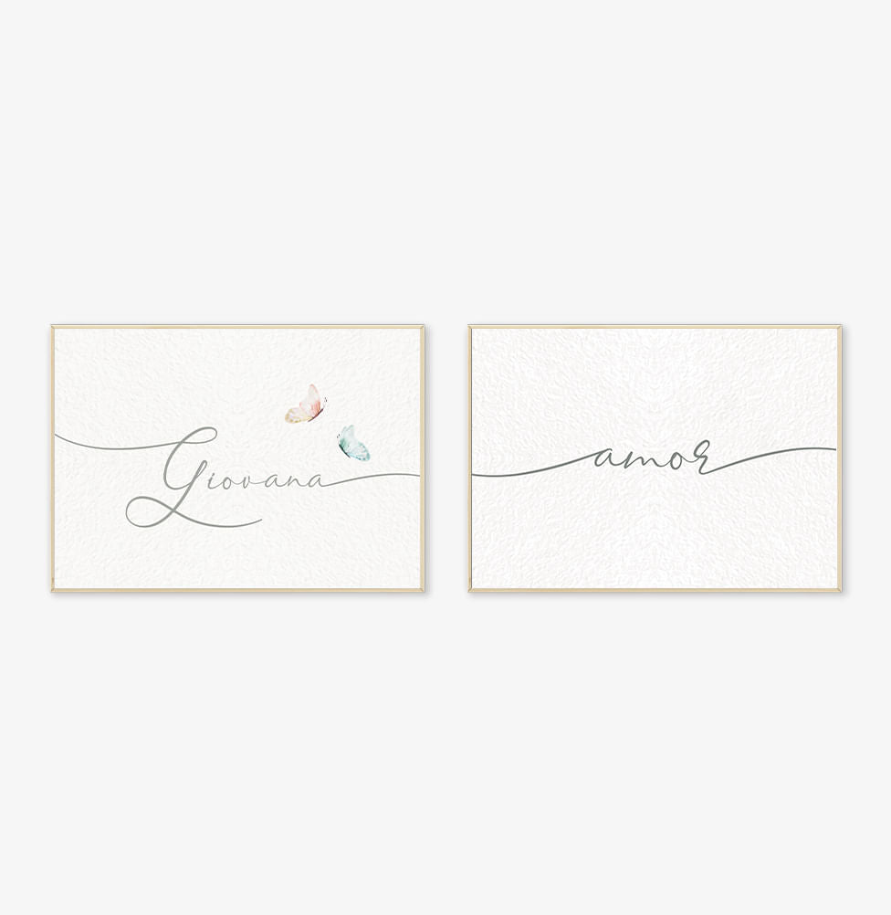 Conjunto com 2 Quadros Amor e Nome Personalizado com Borboletas Candy Moldura Filete Pinus - Horizontal