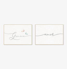 Conjunto com 2 Quadros Amor e Nome Personalizado com Borboletas Candy Moldura Filete Pinus - Horizontal