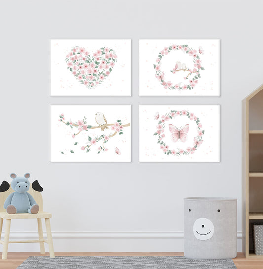 Conjunto com 4 Quadros Jardim Borboletas e Pássaros Rosa Moldura Filete Branca - Horizontal