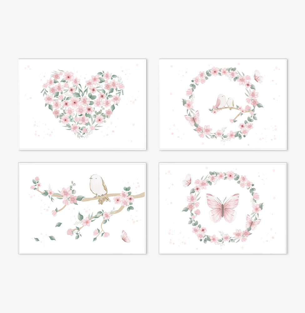 Conjunto com 4 Quadros Jardim Borboletas e Pássaros Rosa Moldura Filete Branca - Horizontal