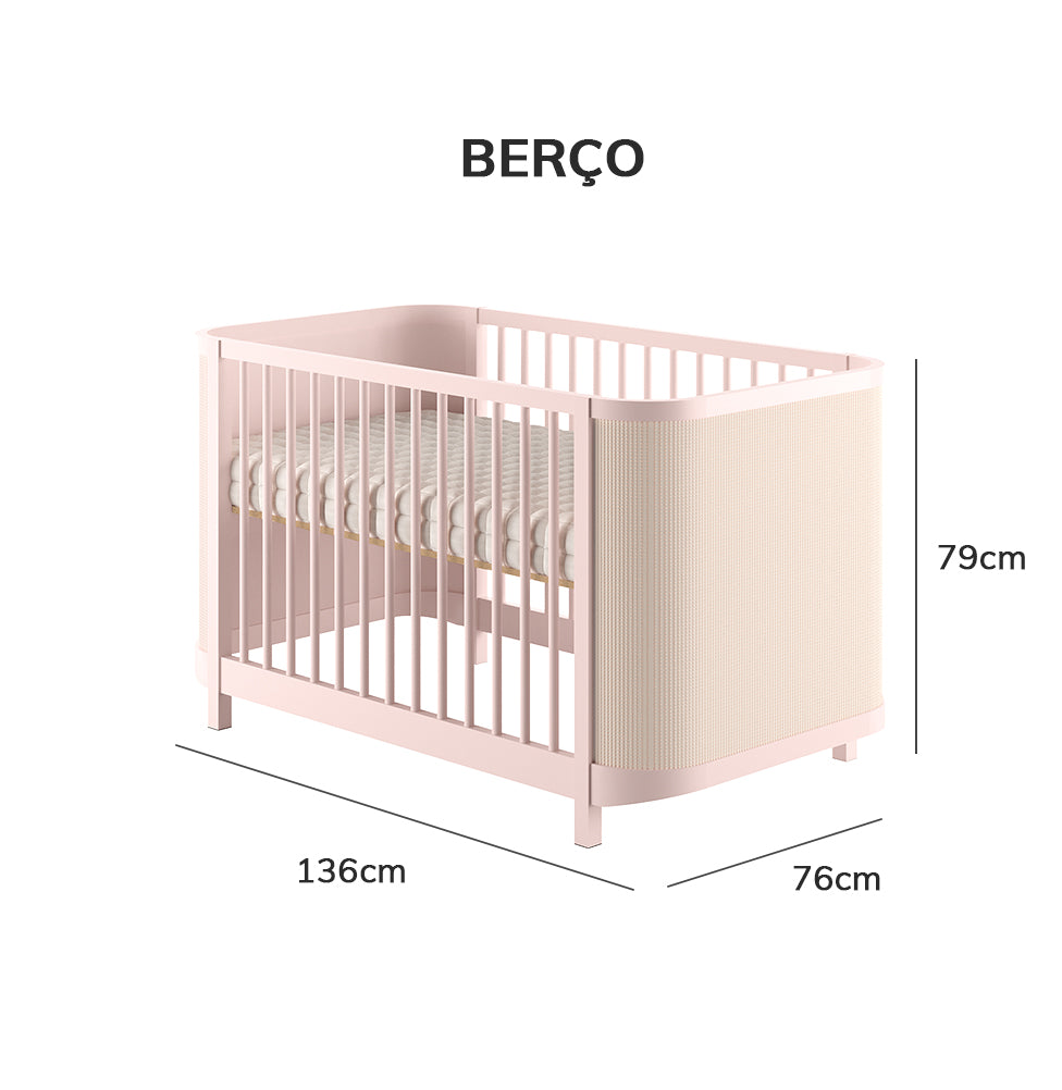 Berço Raika 3 em 1 Com Palha - Rosa Claro