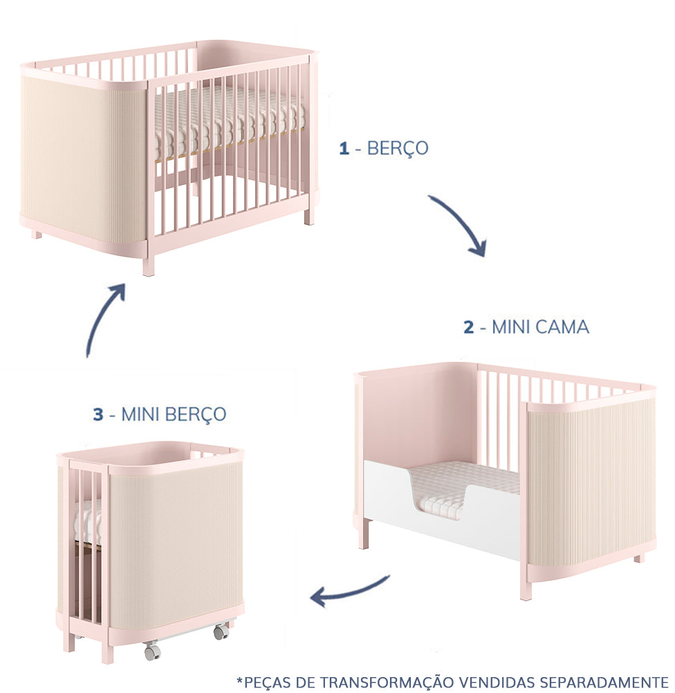 Berço Raika 3 em 1 Com Palha - Rosa Claro