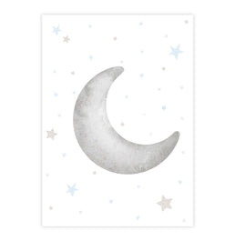 Quadro Infantil Lua Crescente Aquarela Cinza - Vertical 