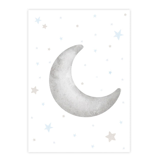 Quadro Infantil Lua Crescente Aquarela Cinza - Vertical 